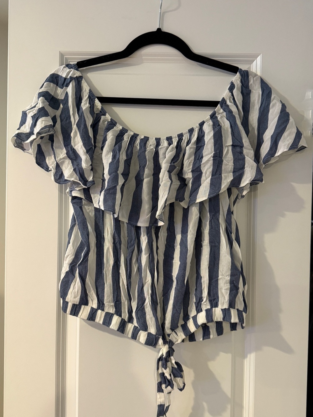 American Eagle Outfitters Blue & White Striped Off-Shoulder Tie-Front Crop Top
